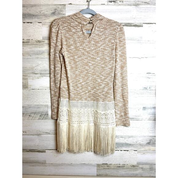 Altar’d State Women’s S Tan Cream Lace Long Sleeve Fringe Tunic Sweater Top - Picture 2 of 8
